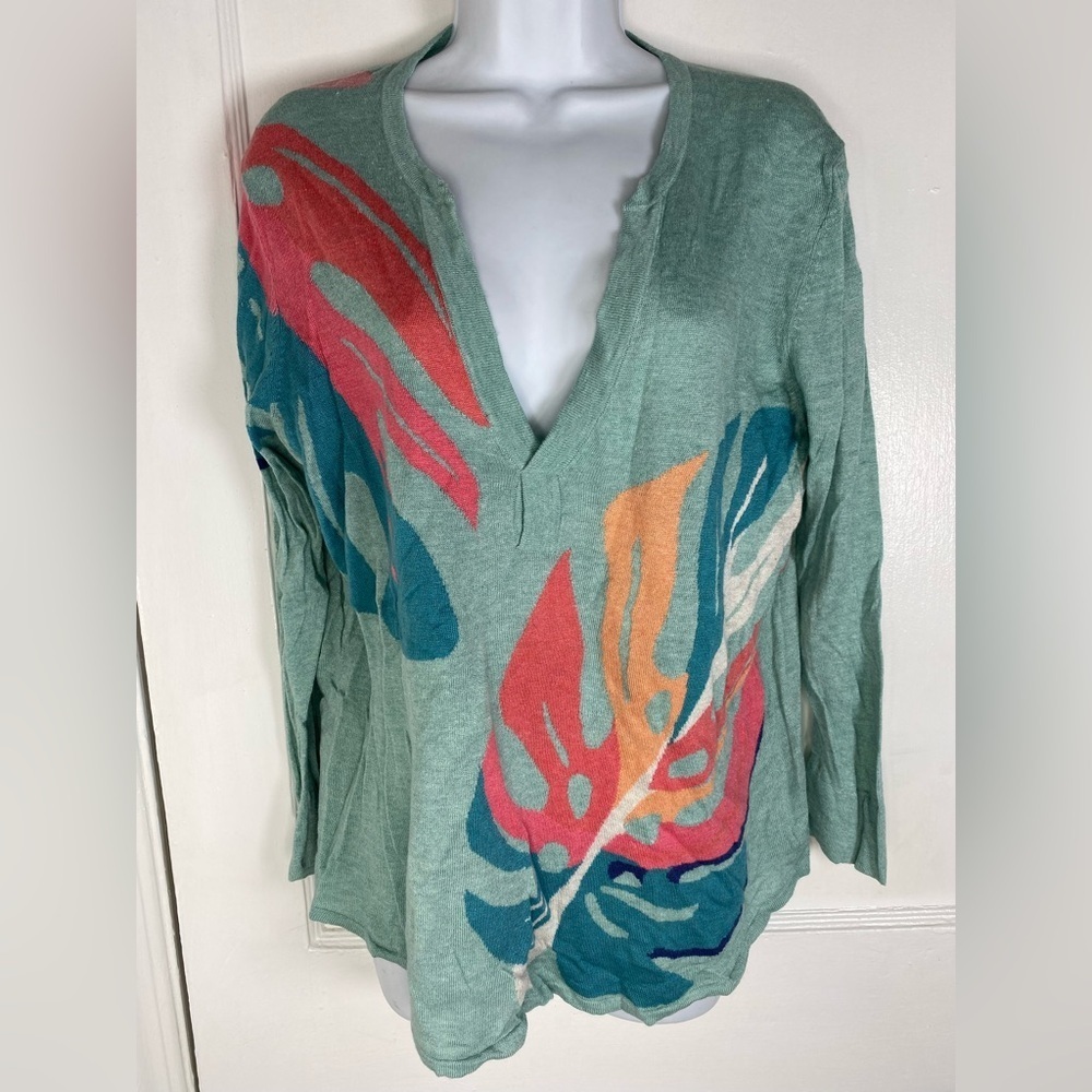 NIC+ZOE V-Neck Sweater with Teal and Pink Accents Large Worn Once